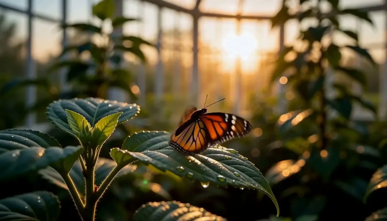 First frame: an orange monarch butterfly resting on a dew-covered leaf inside a sunlit glass greenhouse