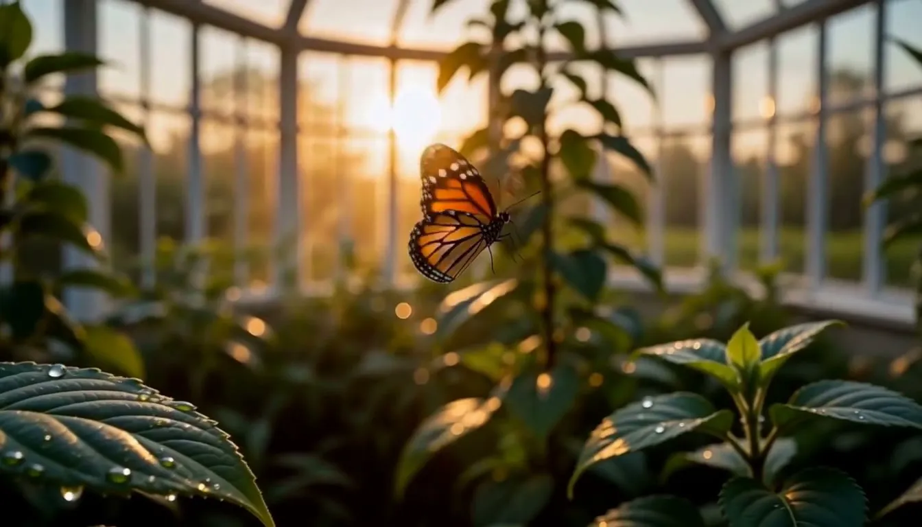 Last frame: the monarch butterfly in flight near the greenhouse glass, backlit by the low sun
