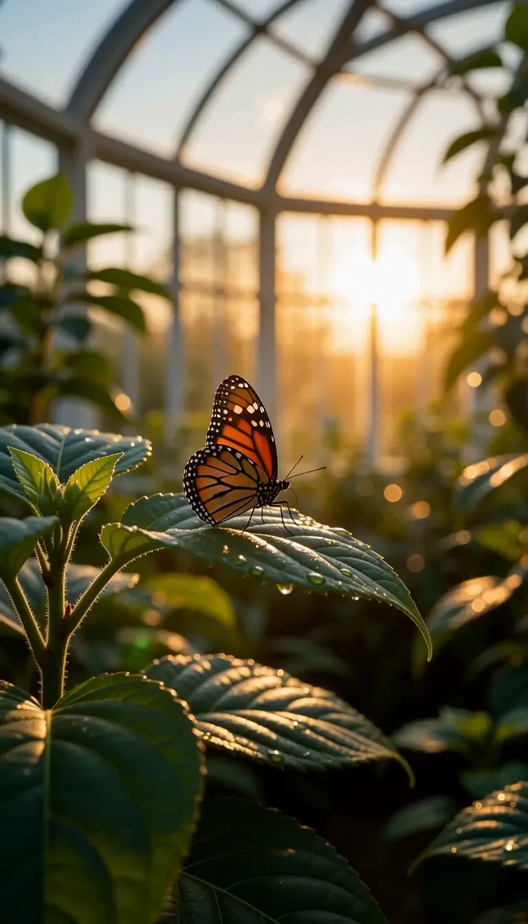 Orange butterfly with closed wings on a dew-covered leaf inside a sunlit greenhouse, used as the MiniMax H3 opening frame