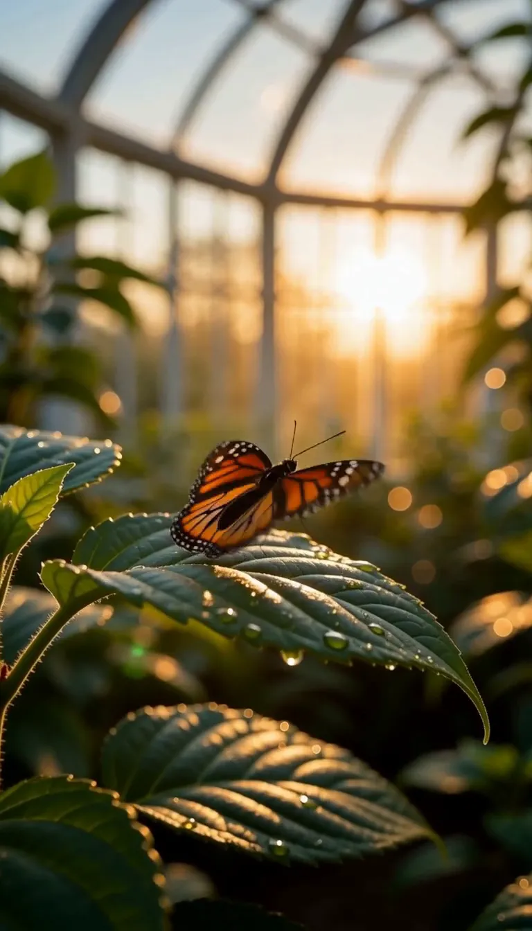Orange butterfly opening its wings above a leaf in the sunlit greenhouse, used as the MiniMax H3 closing frame