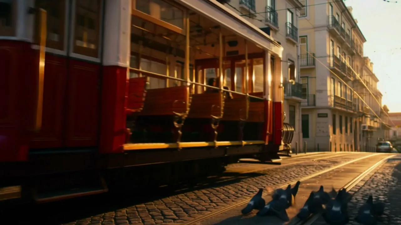 Vue au niveau de la rue d’un tramway rouge ancien passant sur les pavés de Lisbonne à l’heure dorée, avec des pigeons au sol