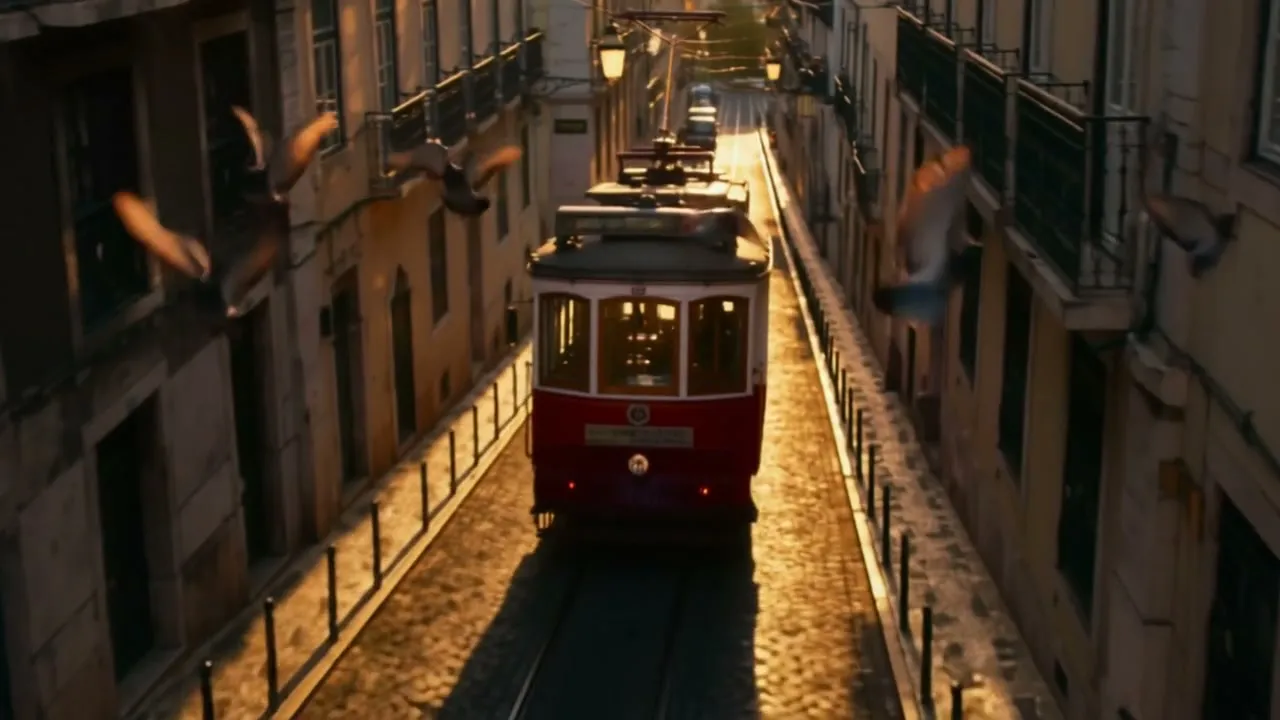 Vue aérienne d’un tramway rouge ancien dans une étroite rue pavée de Lisbonne bordée d’immeubles clairs à l’heure dorée, avec des pigeons en vol
