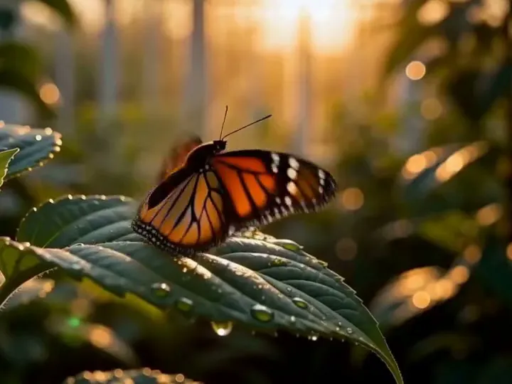 Reference image: an orange monarch butterfly perched on a dewy green leaf in warm backlight