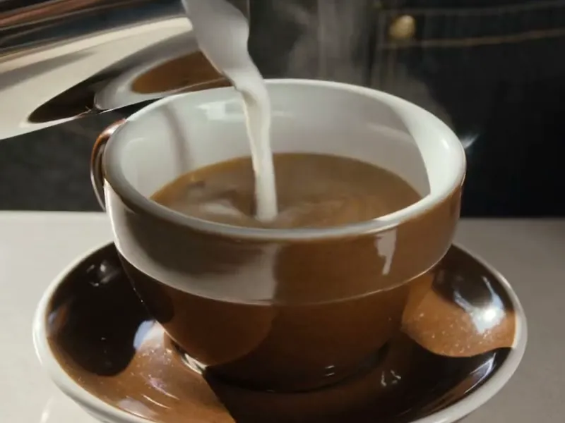 Reference image: milk being poured into a brown ceramic coffee cup on a saucer