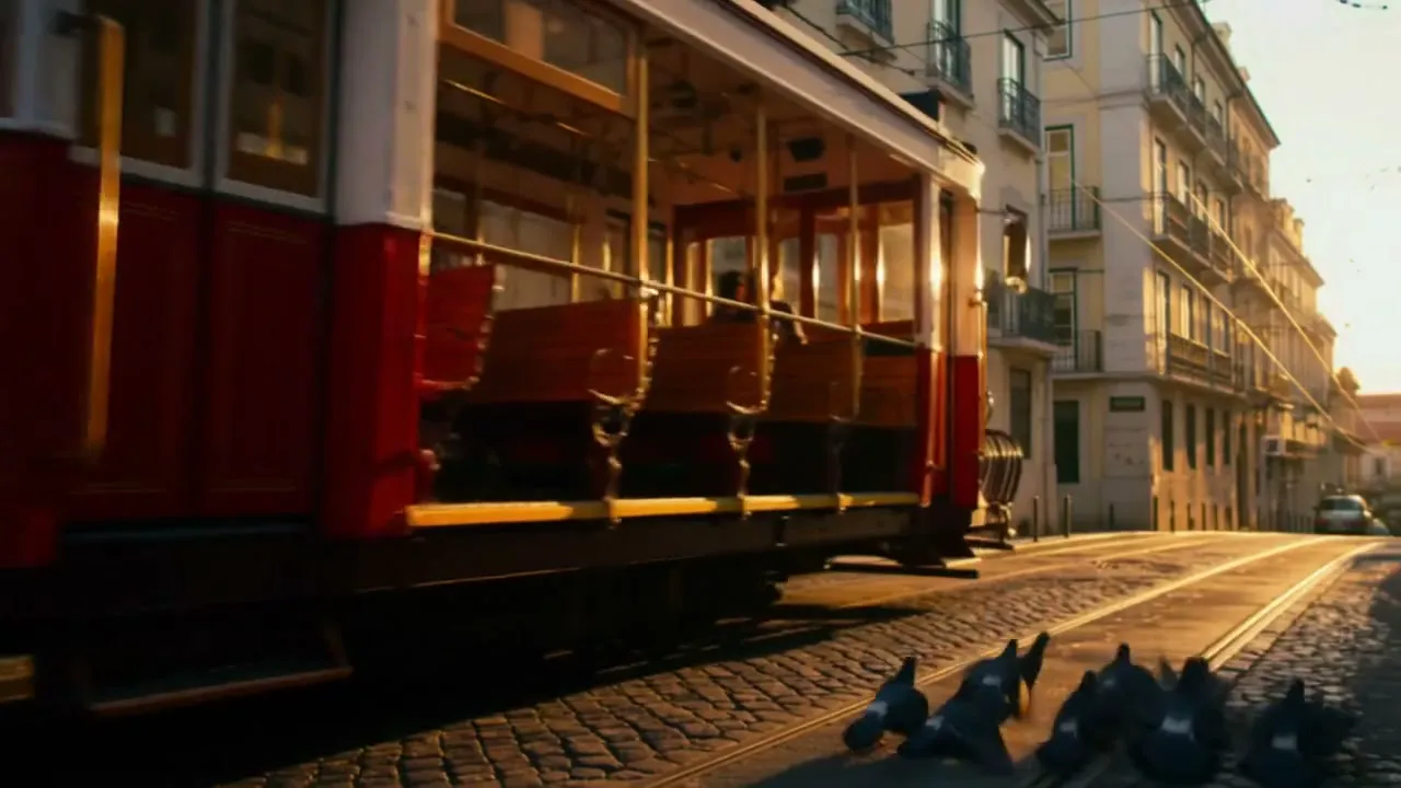 Reference image: a red vintage tram on a sunlit cobbled street lined with pale apartment buildings